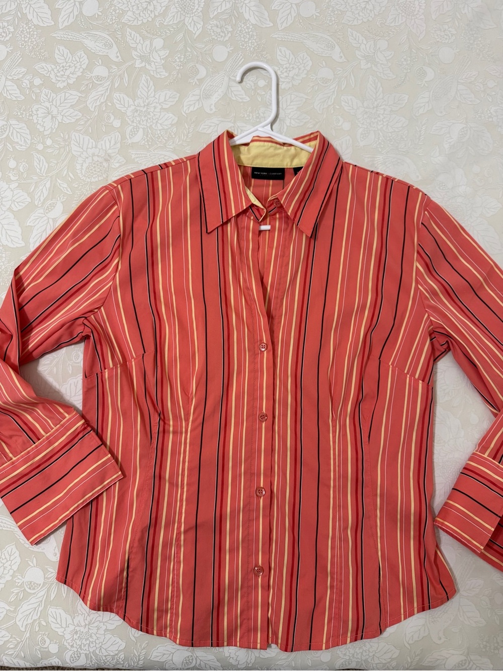 New York & Company Coral and Yellow Striped Button-Front Blouse